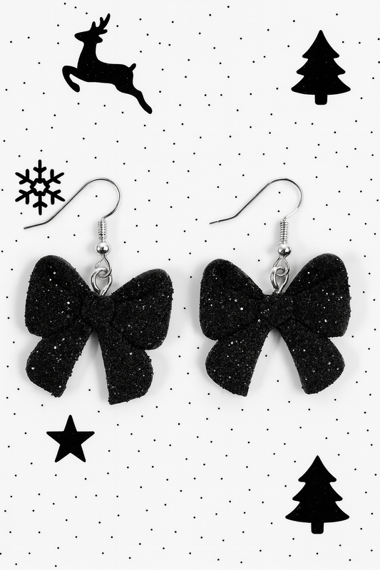 Black Glitter Bow Statement Earrings